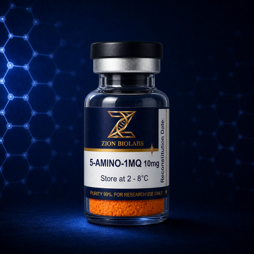 Zion Biolabs 5-Amino-1MQ 10mg research-use lyophilised vial on dark navy background