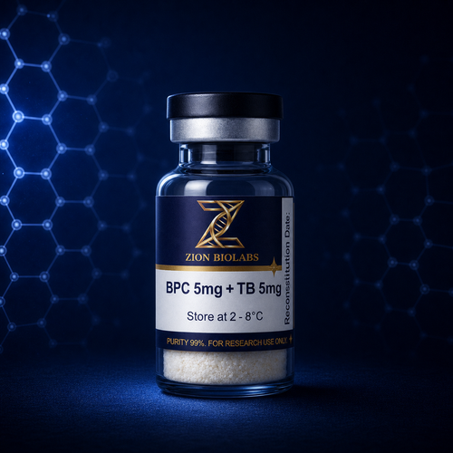 Zion Biolabs BPC 5mg and TB 5mg research-use lyophilised vial on dark navy background
