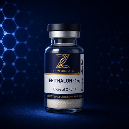 Zion Biolabs Epithalon 10mg research-use lyophilised vial on dark navy background