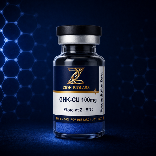 Zion Biolabs GHK-CU 100mg research-use lyophilised vial on dark navy background