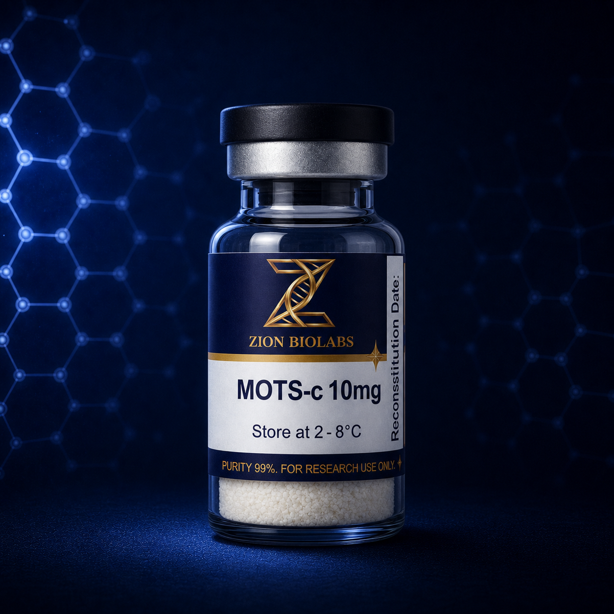 Zion Biolabs MOTS-c 10mg research-use lyophilised vial on dark navy background