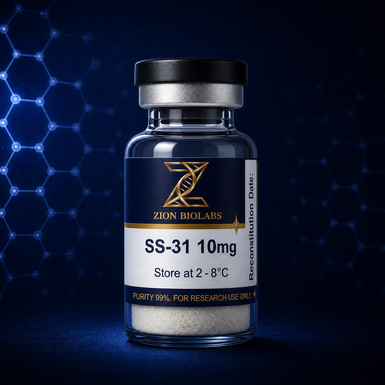 Zion Biolabs SS-31 10mg research-use lyophilised vial on dark navy background
