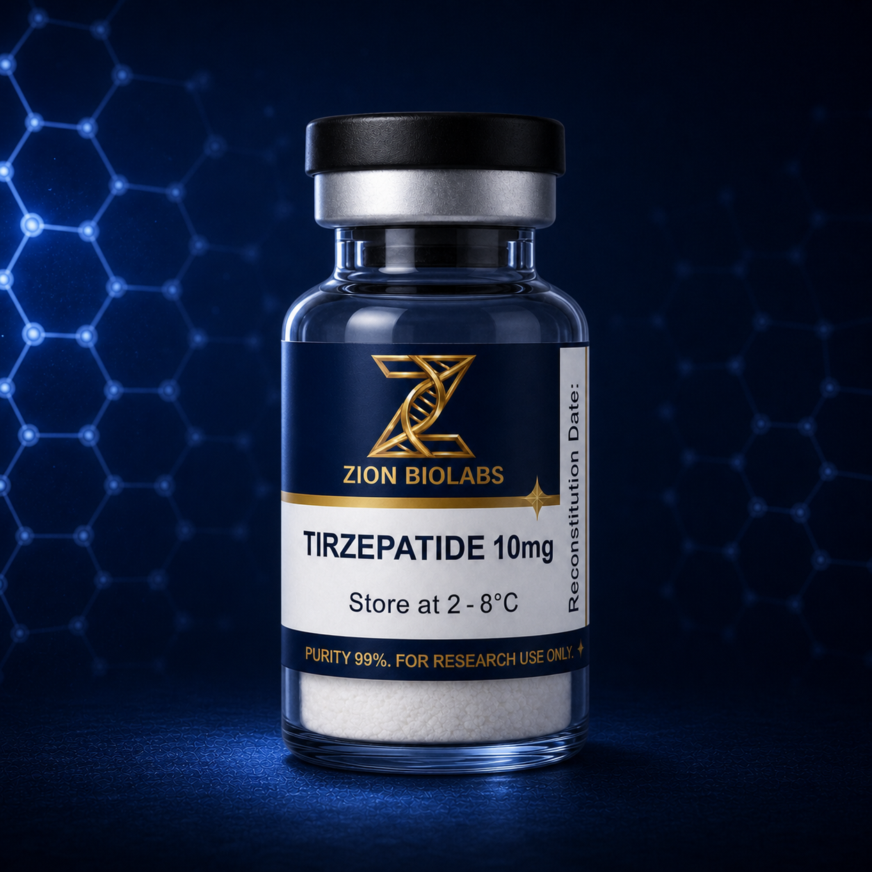 Zion Biolabs Tirzepatide 10mg research-use lyophilised vial on dark navy background